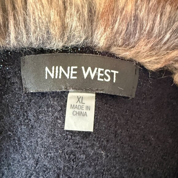 Nine West XL black wool with faux fir trim sleeveless midi length wool coat - Picture 10 of 12